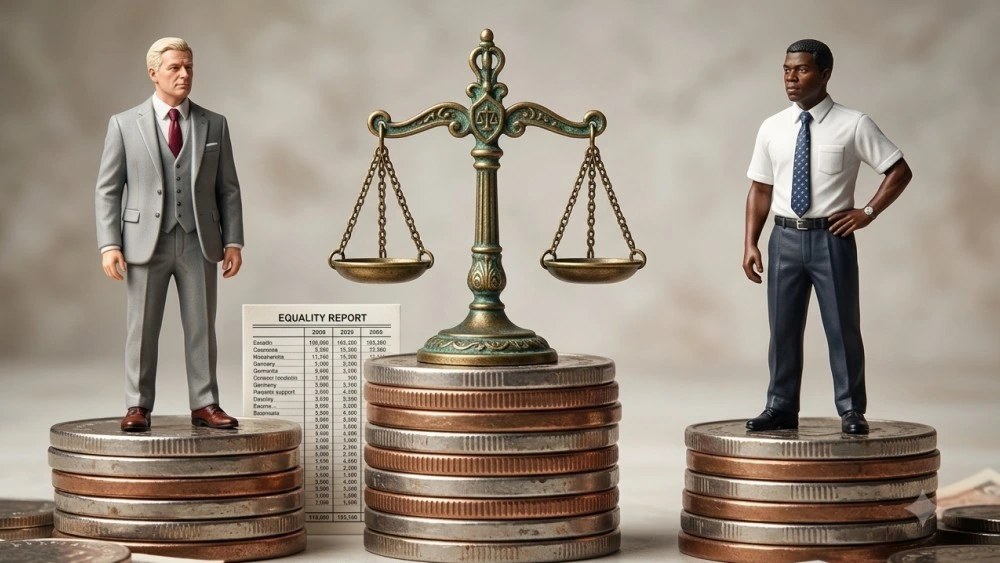 People on balanced piles of money