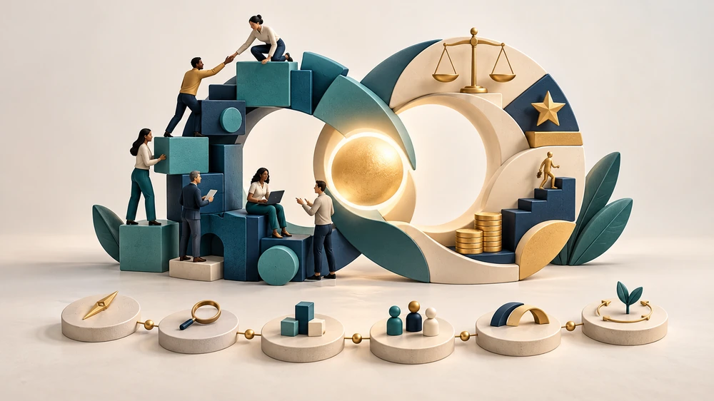 Connected teal and gold organisational steps linked to reward steps