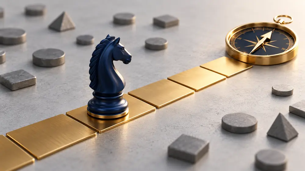 A navy chess knight follows a gold path towards a compass, representing strategic reward
