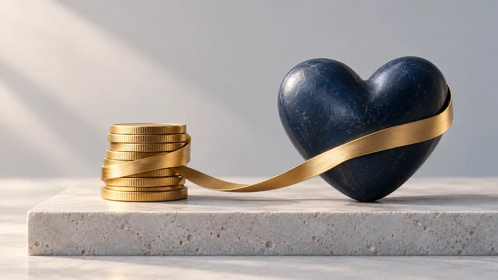 A navy heart linked to gold coins, representing the emotional weight of pay