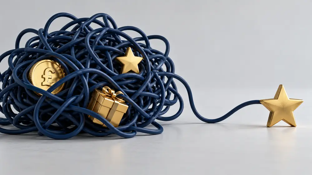 Tangled navy cords around reward symbols becoming a clear path to a gold star