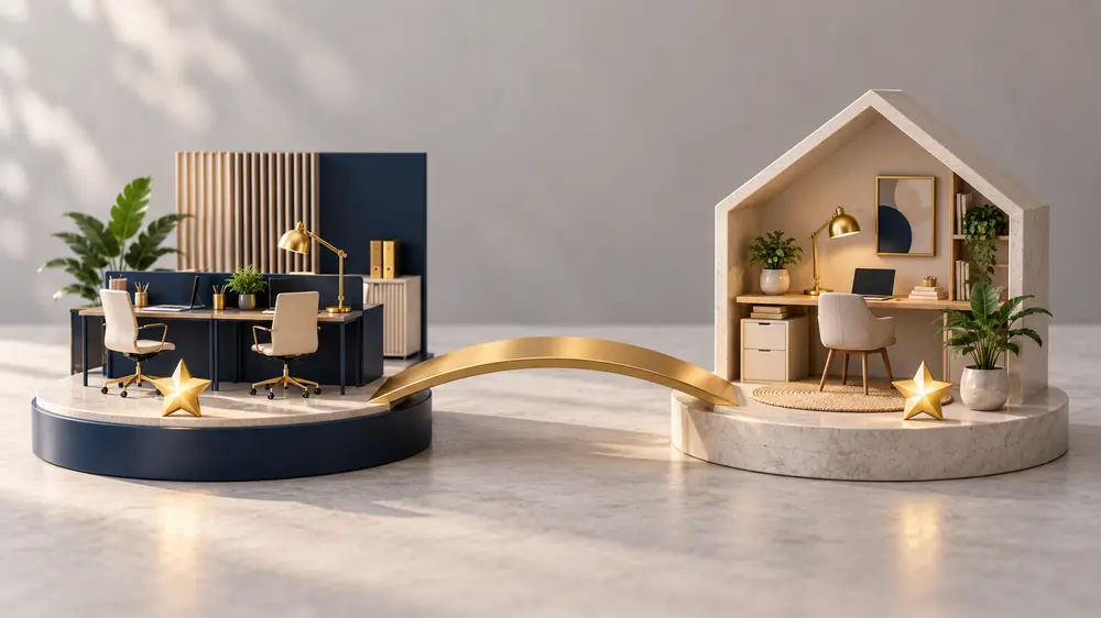Office and home workspaces connected by a gold bridge with equal reward symbols
