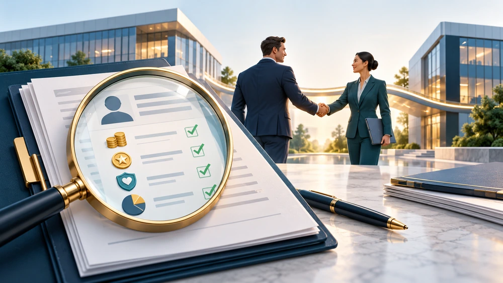 A gold magnifying glass inspecting reward symbols while two people agree a merger