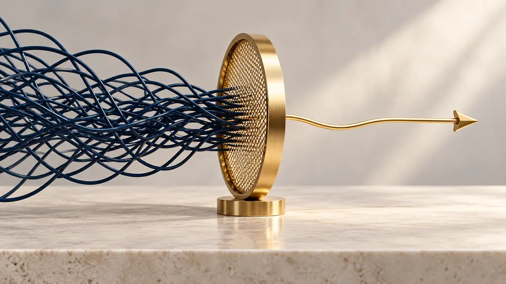 A gold filter separates tangled navy lines into one clear purposeful signal
