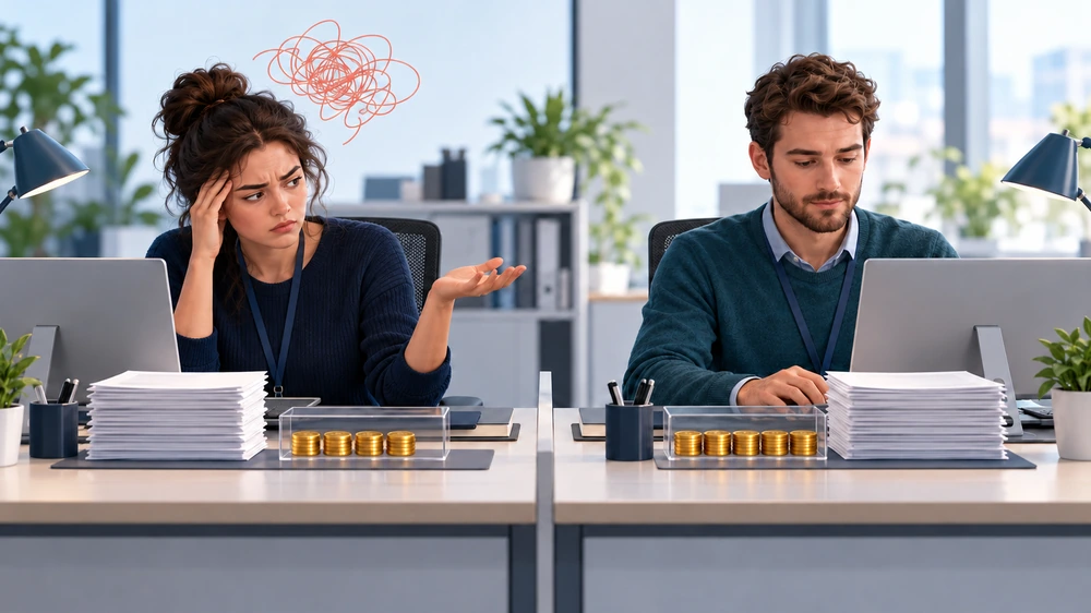 Two colleagues doing the same job with differing coin stacks