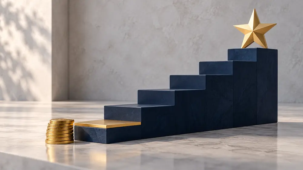 A small gold step in a navy pay progression staircase beside a rising path