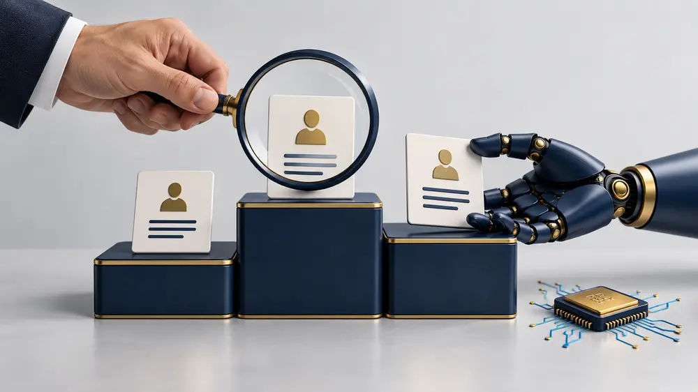A human reviewing job profile cards with a magnifying glass while an AI assistant supports the evaluation