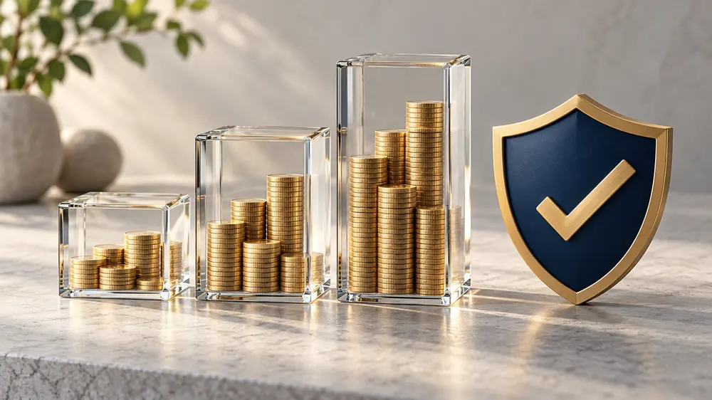 Transparent glass salary blocks reveal orderly gold coins and a navy shield symbolising pay discipline